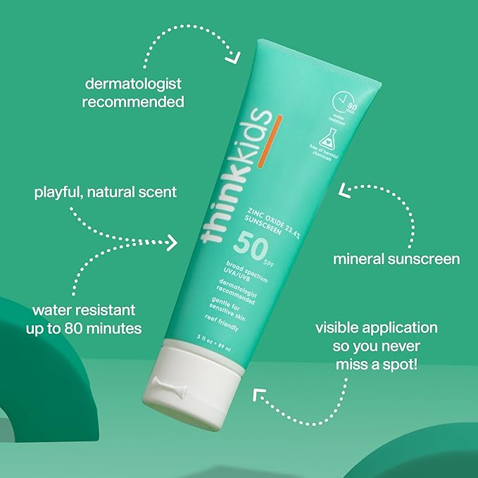 Thinkkids Safe Mineral Sunscreen SPF 50+, 3 Fl Oz, Natural, Water Resistant Reef Safe Sunscreen for Children, Broad Spectrum UVA/UVB Sun Screen