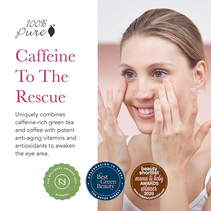 100% PURE Coffee Bean Caffeine Eye Cream Refresh & Hydrate Under Eye Treatment Reduce Puffiness, Dark Circles, Wrinkles with Green Tea, Rose Hip, Vitamin E - Youthful Vibrant Eyes - Vegan - 1 oz