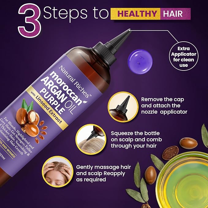 Natural Riches Purple Moroccan Argan Oil for Hair with Linseed Extract, Anti-Brass Formula for Blonde, Silver, Platinum & Grey Hair Neutralize Yellow Tone, Smooths Frizz & Restore Shine 8 fl oz