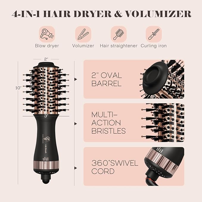 110-240V Travel Brush Hair Dryer, Small Hair Straightener Brush with European Plug Adapter for International Travel, 4 in 1 Hot Air Styler & Dryer for Drying Straightening Curling Volumizing