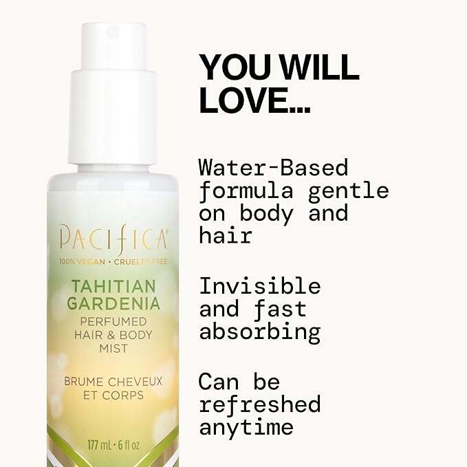 Pacifica Tahitian Gardenia Perfumed Hair & Body Mist, Alcohol-Free Spray Designed For Head-To-Toe Wear, Vegan & Cruelty-Free, 6 Fl Oz