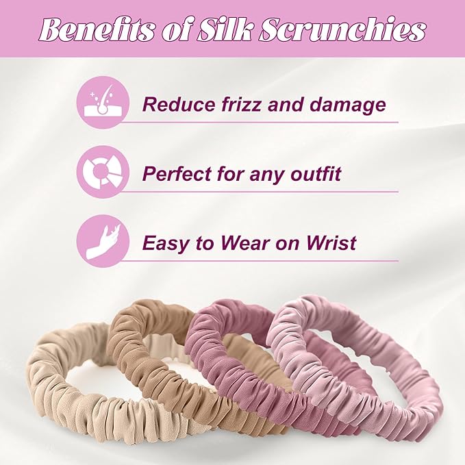 8Pcs Mulberry Silk Scrunchies & Hair Ties - No Crease Skinny Scrunchies Elastic Set for Women All Hair Types, Reduces Breakage (Dusty Rose & Beige Palette)