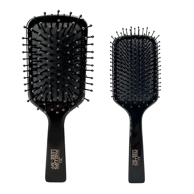 Phillips Brush Luxe Series Square Paddle Hairbrush Combo Pack – Full Sized 9.25 inch Detangler + 7 inch Purse Size Travel Detangler, Sleek Black Color with Gold Accents