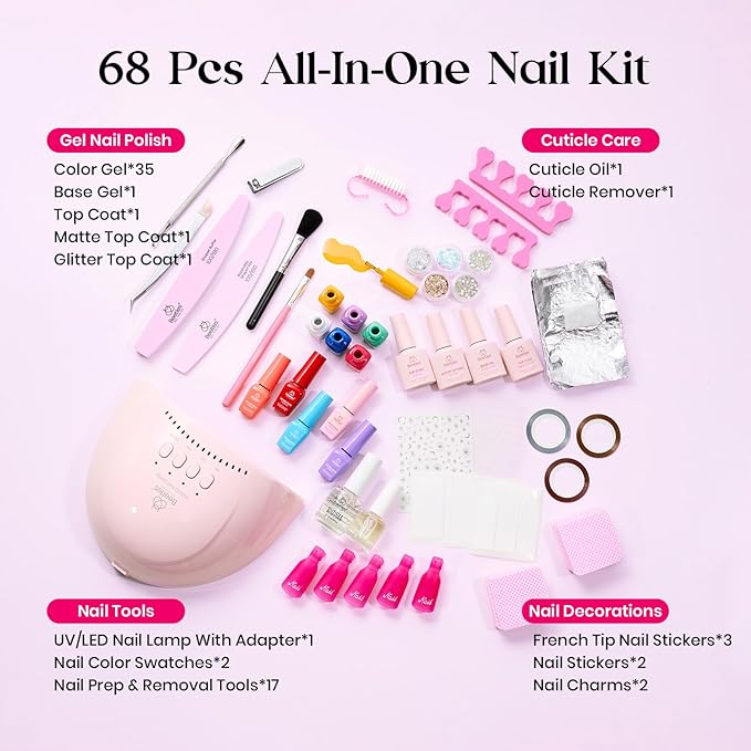 Beetles Gel Nail Polish Kit with U V Light - One Color One Bottle 35 Colors Mood Mosaic Collection Nail Polish Kit 68 Pcs Gifts for Women Girls with Top Base Coat Beauty Must Have DIY Salon Set
