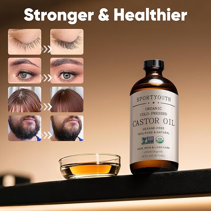 SPORTYOUTH Castor Oil Organic, Cold Pressed, Hexane Free, USDA Certified 100% Pure Glass Bottle 16oz Non-GMO Unrefined Carrier Oil for Hair Growth, Face, Castor Oil Pack, Eyelashes, Brows, Skin