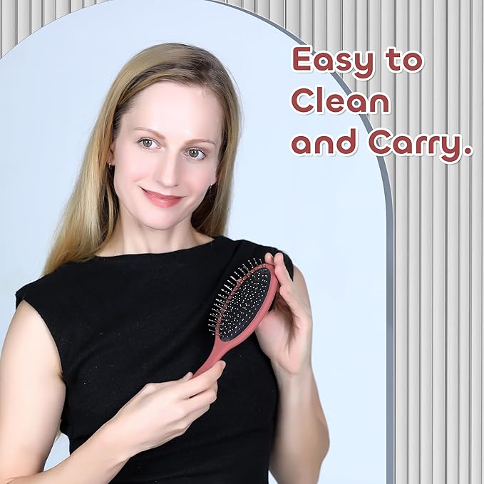 WeiLa Anti-Static Hair Brush Oval, Stainless-Steel Bristles Detangler for Wigs & Hair, ABS Handle (Jasper Red + Rose, Couple)