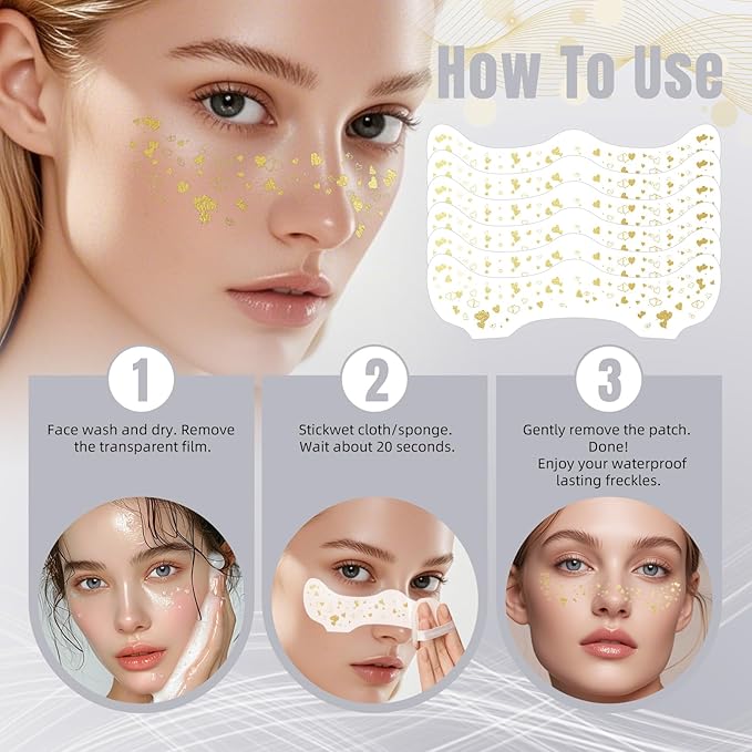 Glitter Freckles - 6PCS Glitter Freckles Face Tattoo, Gold Fake Freckles, Cute Face Jewels for Women, Waterproof Face Glitter for Kids, Easy to Use Face Glitter, Glow Up Makeup Patches