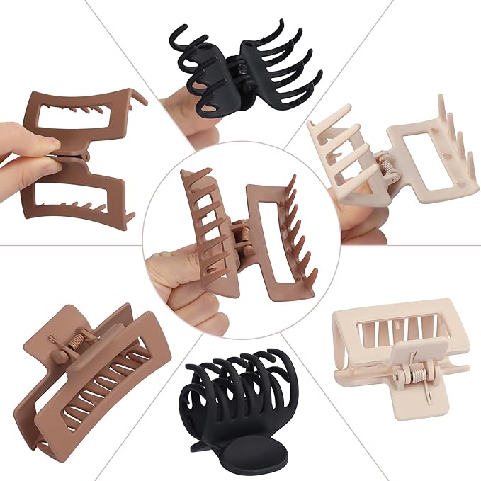 Medium Claw Hair Clips Set for Women - 3 Styles, 9 pcs Rectangle Clips for Thick Hair, Square Clips for Thin Hair - Brown