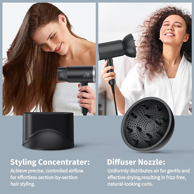 Ionic Hair Dryer with Diffuser, 1800W Blow Dryer for Women & Men, Fast-Drying, Lightweight, Low Noise, Hair Care Styling Tool for Home, Travel, Gifting