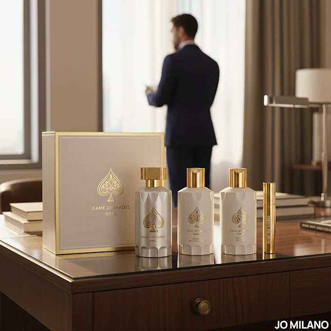 Jo Milano Game Of Spades Opal 4-Piece Gift Set | 3.4 oz Parfum Spray, 6.8 oz Body Cleanser, 6.8 oz Body Cream, 0.27 oz Refillable Atomizer | Long Lasting Fragrance for Men and Women (Unisex)