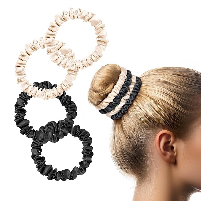 Zenssia Silk Scrunchies for Hair, 4PC Pure Mulberry Silk Hair Ties No Damage, Skinny Elastic Scrunchies for Fine & Thin Hair, Black Champagne