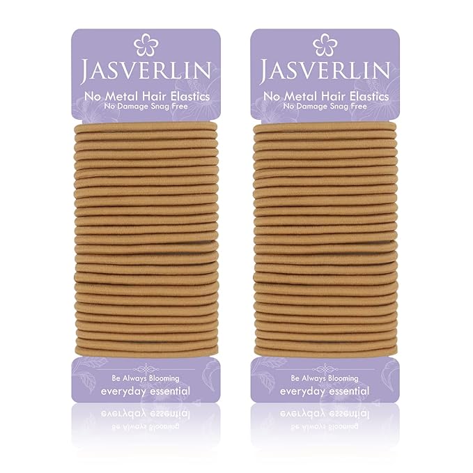 No Metal Hair Ties Brown Elastics Nylon for Women Girls Large Thick Fine Beauty Hair Ties Ponytail Holder Snag Free No Damage No Breakage 4mm 50 pcs JASVERLIN (Light Ash brown)