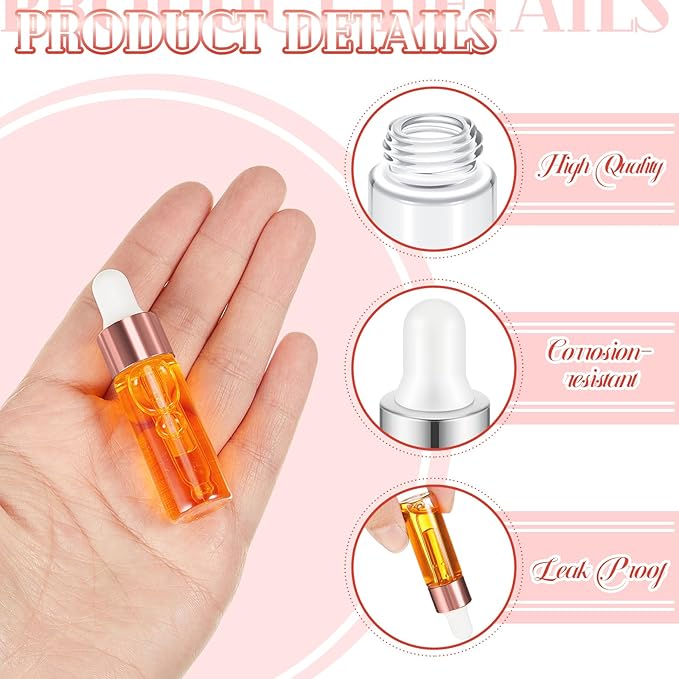 200 Pcs Mini Glass Oil Dropper Bottle Bulk, Clear Essential Small Empty Bottles Sample Containers Perfume Liquid Vials with Cap for Traveling (5 ml,Rose Gold)