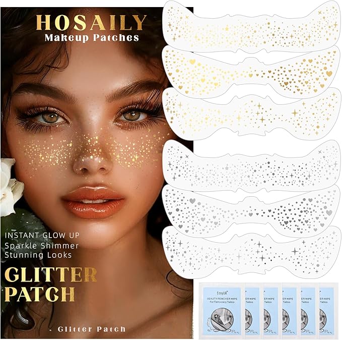 6 PCS Glitter Freckles Face Tattoo, Gold & Silver Waterproof Face Sparkle Speckles Patches for Women, Cute Star Metallic Glitter Temporary Tattoo Makeup Accessories for Festival #Set B
