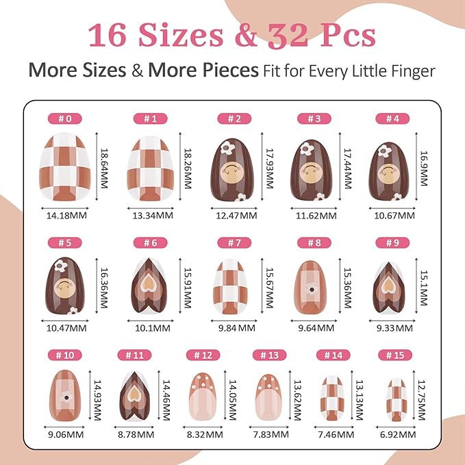 16 Sizes Press on Nails Kit for Kids - 32 Pieces French Almond Fake Nail Tips for Girls 8-12 Years Old with Jelly Nail Adhesives & No-Lamp Nail Glue, Birthday Christmas Gifts (Cozy Autumn)