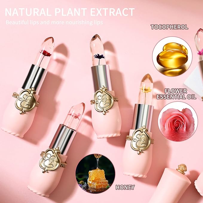 BestLand 3 Pcs/Set Flower Jelly Lipstick Set Temperature Change Moisturizer Long Lasting Nutritious Balm Magic Color Change Lip Gloss (3Pcs Flower Jelly Lipstick 010203)