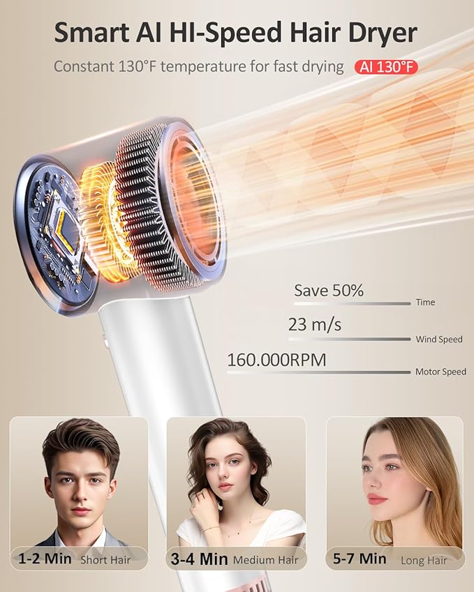 Hair Dryer, AI Smart 160000 RPM High-Speed Brushless Motor Plasma Ion AI Blow Dryer with Diffuser for Fast Drying, Professonal 4Temp/3Speed Thermo-Control Lightweight AI Hairdryer for Women Men Travel