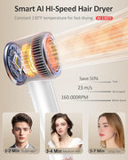 Hair Dryer, AI Smart 160000 RPM High-Speed Brushless Motor Plasma Ion AI Blow Dryer with Diffuser for Fast Drying, Professonal 4Temp/3Speed Thermo-Control Lightweight AI Hairdryer for Women Men Travel