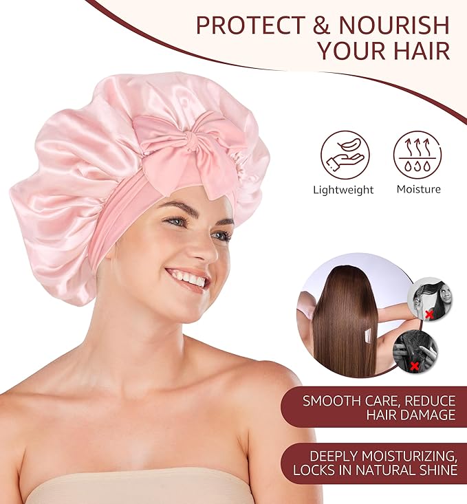HiRui Silk Satin Bonnet for Sleeping Women, Double-Layer Sleep Cap Shower Cap with Adjustable Tie, Moisture Retaining Satin Lined Hair Bonnet for Curly and Natural Hair (Pink, Large)