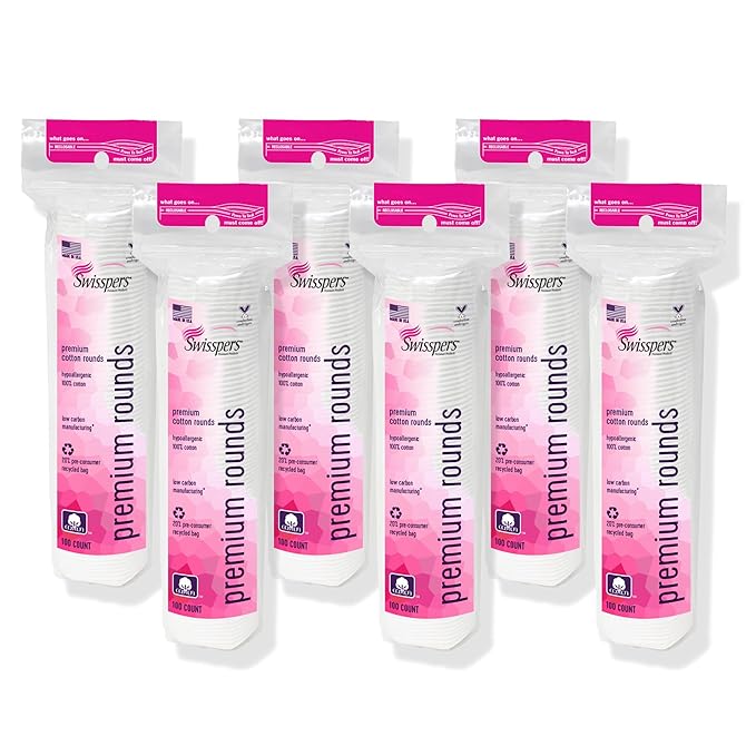 Swisspers Premium Cotton Rounds – 100 Count (Pack of 6) - 100% Pure Cotton - Soft, Absorbent, Hypoallergenic Pads for Makeup Removal, Skincare, Baby Care and Facial Cleansing - Lint Free