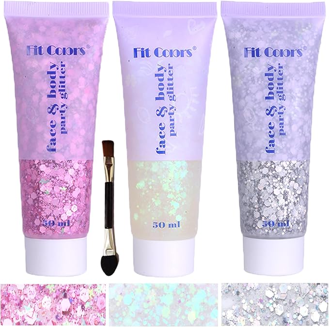 Body Glitter Face Glitter Gel: Singer Concerts Disco Festival Rave Accessories Face Glitter Makeup 150ml Chunky Sequins Mermaid Face Body Hair Glitter Gel (White&Silver&Pink)