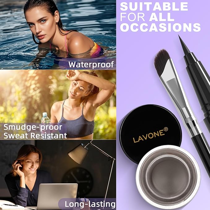 LAVONE Eyeliner Set - Waterproof Makeup Kit with Liquid eyeliner Pencil, Gel Eyeliner & Angled Eye liner Brush, Waterproof, Smudge Resistant, Long Lasting Formula - Gray