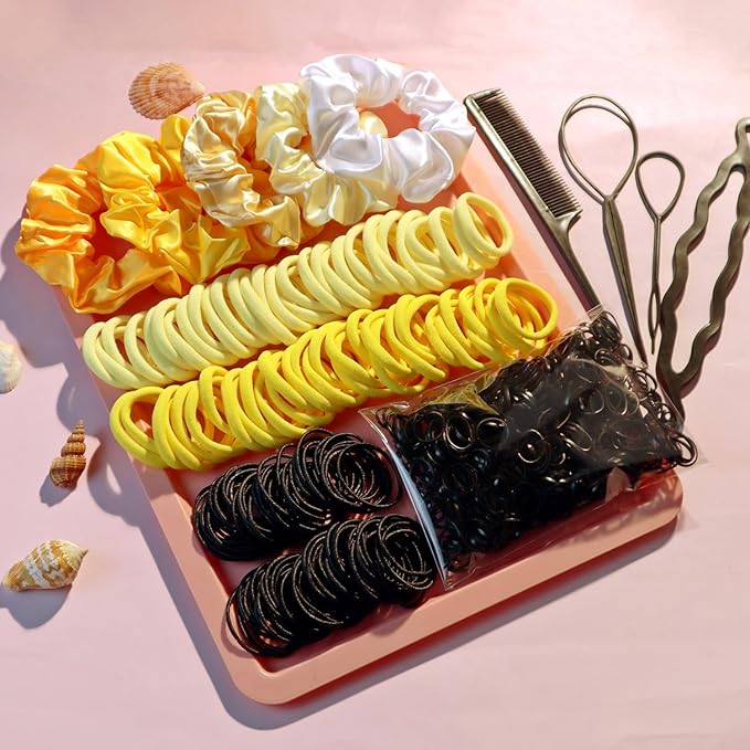 YANRONG Women's Hair Accessories Set: 755 Seamless Ponytail Holders, Variety Hair Scrunchies, Bands, and Ties for Thick and Curly Hair (Yellow)