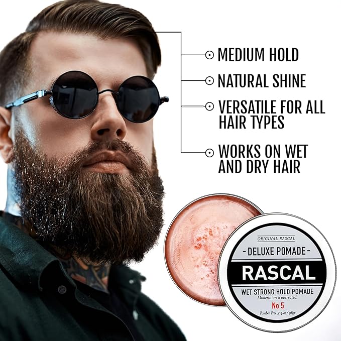 Original Rascal Deluxe Pomade #5 - Hair Paste High Shine w/Strong Hold & Wet Look - Men's Styling Care Solution for All Hair Type - Natural Made with Ceteareth-25 & Castor Oil for Hair Growth Health