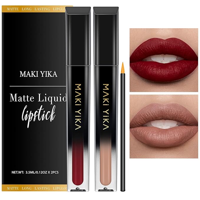 MAKI YIKA 2Pcs Matte Liquid Lipstick Set Dark Red Nude Lipstick Long Lasting Smudgeproof Transfer Proof Lip Makeup, DarkRed/LatteNude