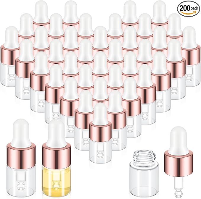 200 Pcs Mini Glass Oil Dropper Bottle Bulk, Clear Essential Small Empty Bottles Sample Containers Perfume Liquid Vials with Cap for Traveling (2 ml,Rose Gold)