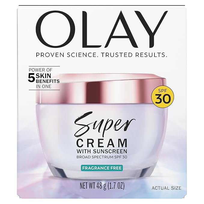 Olay Super Cream with Sunscreen SPF 30, Fragrance Free Lightweight Face Moisturizer with Sun Protection, 5-in-1 Skin Care - Hydrating, Brightening, Firming - Niacinamide, Vitamin C, Collagen, 1.7 oz