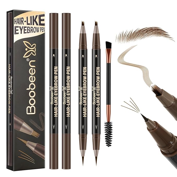 Boobeen 3pcs Waterproof Eyebrow Pen，Dual-Ended Eyeliner Microblading Eyebrow Pencil for Women，Long Lasting Hair-Like Brow Pen with Brow Brush，Dark Brown