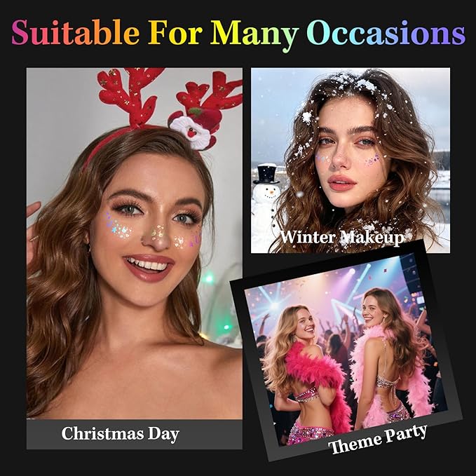 24pcs Christmas Glitter Makeup Patches-Holographic-Face Glitter, Sparkle Speckles Patches for Women, Body Temporary Tattoos,Cute Sparkling,Party Winter Festival Decorations