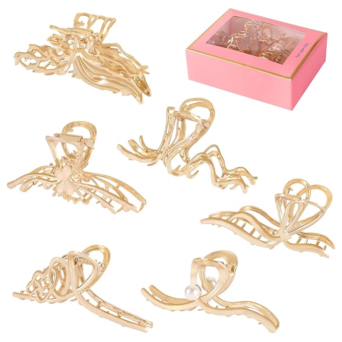 LUKACY 6 Pack Large Metal Hair Claw Clips - 4 Inch, Perfect Big gold Jaw hair clamps for Women and Thinner, Thick hair styling,Strong Hold, Fashion Hair Accessories (Style 5)