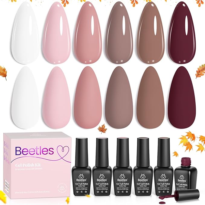 Beetles Winter Gel Polish Colors Brown Beige Mauve Pink Nude White Neutral 6 Colors Gel Nail Polish Set for Nail Art Manicure Soak Off Uv LED Nail Lamp Needed Gifts for Women Coffee Time