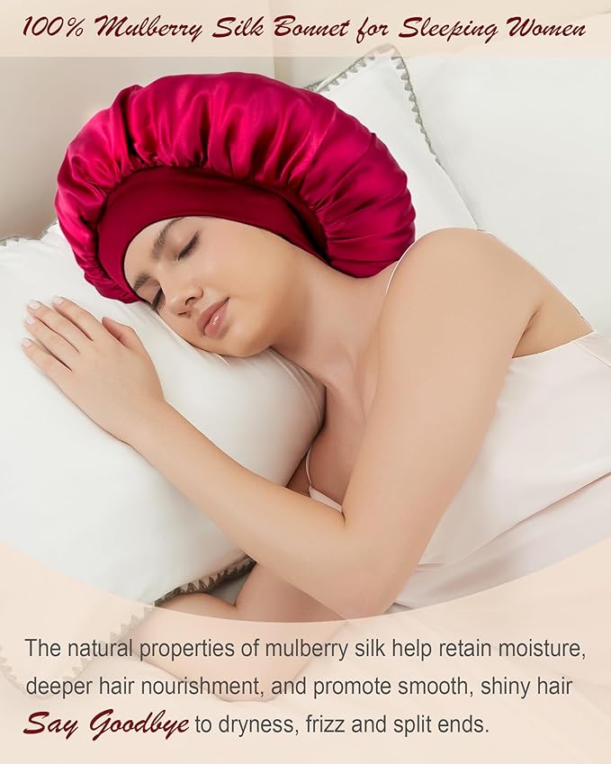 100% Mulberry Silk Bonnet for Sleeping Women, Real Pure Silk Bonnets, Double Layer Sleep Cap with Elastic Band for Curly Hair
