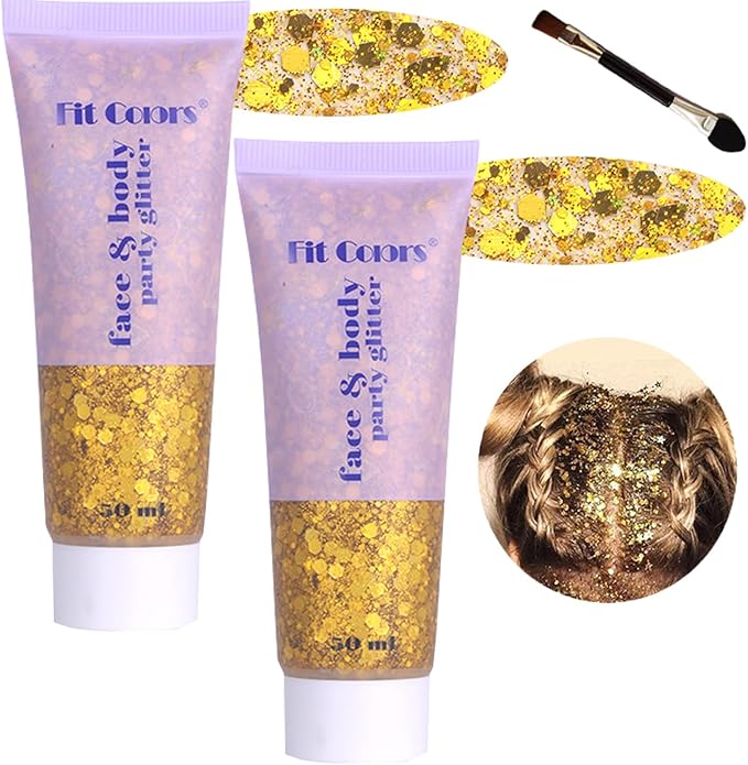 Body Glitter Face Glitter Gel: Singer Concerts Disco Festival Rave Accessories Face Glitter Makeup 100ml Chunky Sequins Mermaid Face Body Hair Glitter Gel (2 Gold)