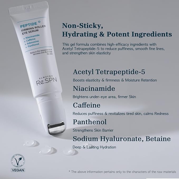 Re.SPN Peptide Firming Roller Eye Serum – For Puffy Eyes, Wrinkles & Dark Circles, Cooling Gua Sha Metal Applicator with Niacinamide, Vegan K-Beauty (0.67 fl oz)