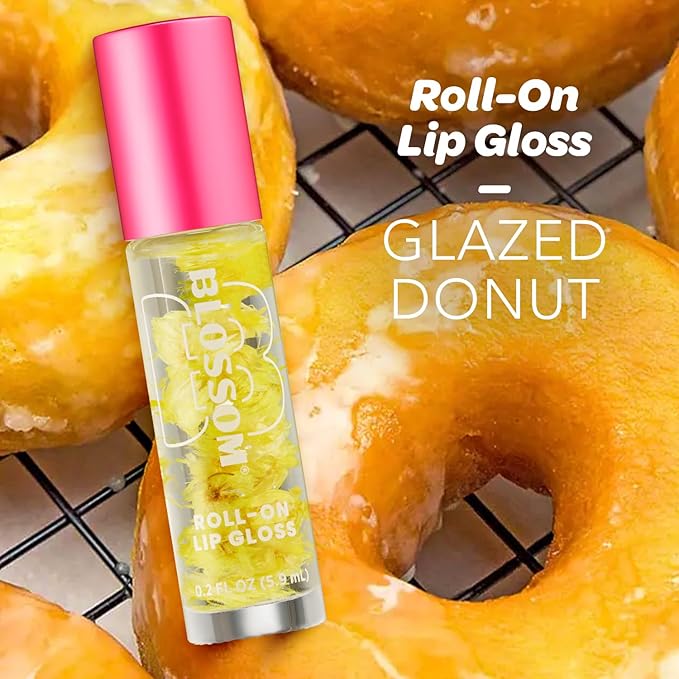 Blossom Roll on Lip Gloss, Gourmand Scented Clear High Shine Moisturizing Lip Oil, Non Sticky, Infused with Real Flowers, Made in USA, 0.2oz, Glazed Donut