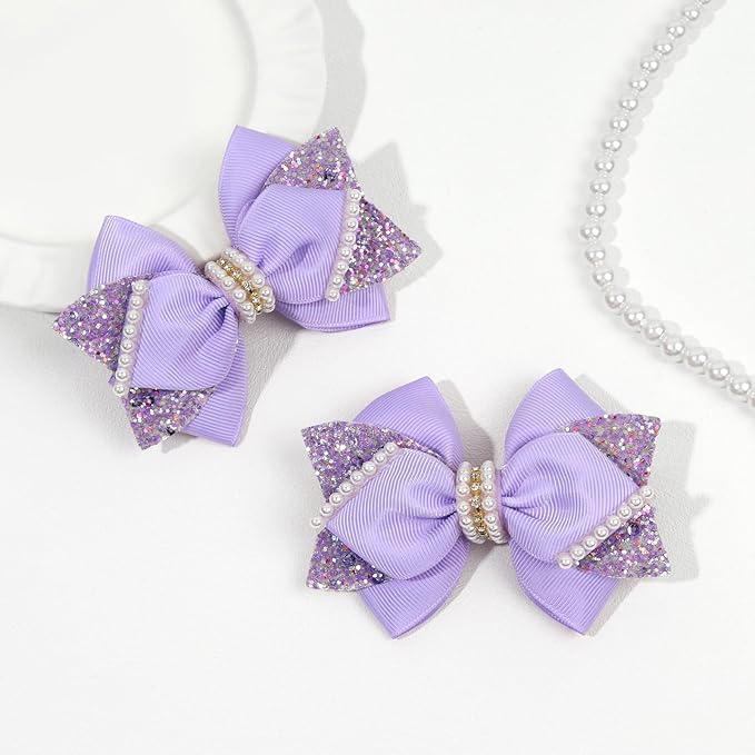 4" Sparkly Glitter Sequin Ribbon Hair Bow Clips,Pearl Wedding Boutique Alligator Barrettes Pins for Teens Toddler,Cheerleader Girls Kids Birthday Party Dress Decor Accessory (Light Purple)