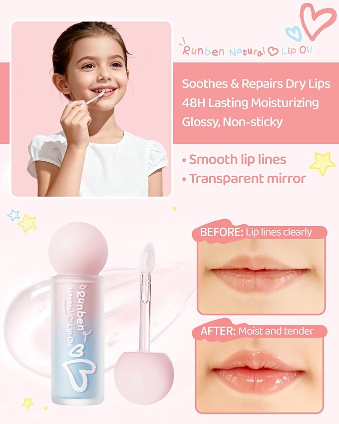 RUNBEN Baby Hydration Lip Oil, 48H Lasting Moisturizing, Clean & Non-toxic, Kids Chapped Lips Care, Fragrance Free（Clear)