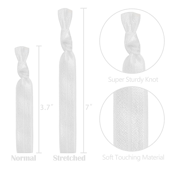 MEEDEE 100 Pack White No Crease Soft Ribbon Knotted Hair Ties - No Damage Ouchless Pony Tails & Yoga Bracelets for Women