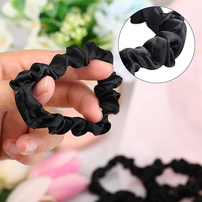 WILLBOND 30 Pcs Small Satin Silk Scrunchies Bulk for Women, Thin Hair Ties Mini Scrunchy Bands Skinny Ponytail Holders for Thick Curly Hair Pony Tails Wrist Decor(Black)