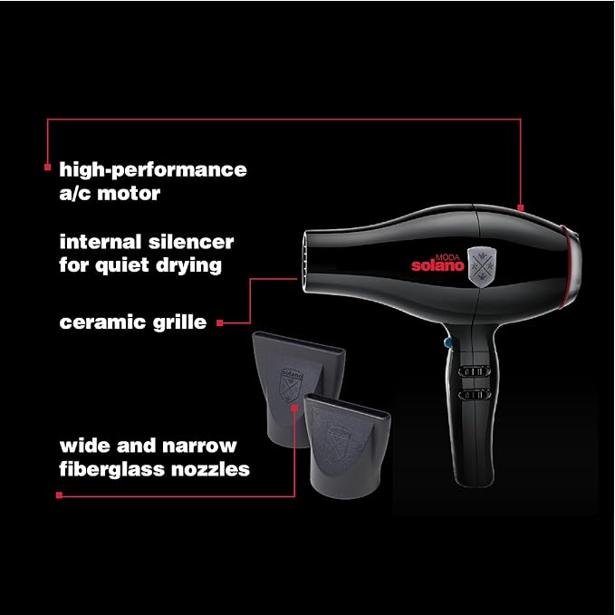Solano Moda Fast Drying 2-Speed Ionic Hair Dryer | 1750 Watt + Internal Silencer + Far Infrared Heat| Smoothing Without Sacrificing Body or Bounce | Italian-Made