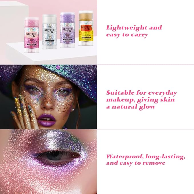 Hair Glitter, Pink Glitter Stick for Hair and Body, Hair & Body Sparkle On-The-Go | Singer Concert Music Rave Festival-Ready Shimmer