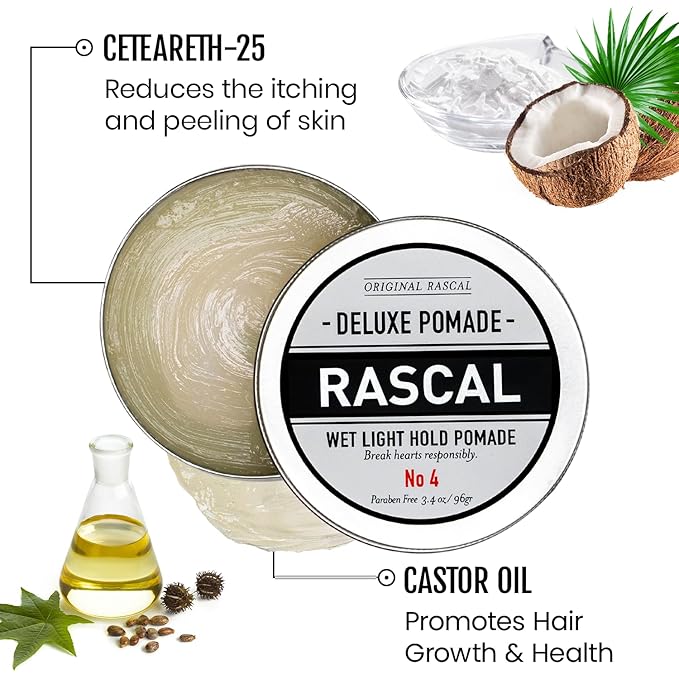 Original Rascal Deluxe Pomade for Men #4 - Hair Paste with Light Hold & Wet Look - High Shine Hair Molding Paste - Formulated with Ceteareth-25 & Castor Oil for Hair Growth & Health - Natural Finish