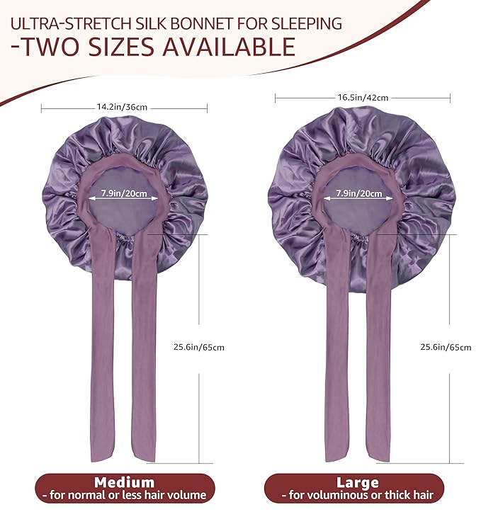 HiRui Silk Satin Bonnet for Sleeping Women, Double-Layer Sleep Cap Shower Cap with Adjustable Tie, Moisture Retaining Satin Lined Hair Bonnet for Curly and Natural Hair (Lavender, Medium)
