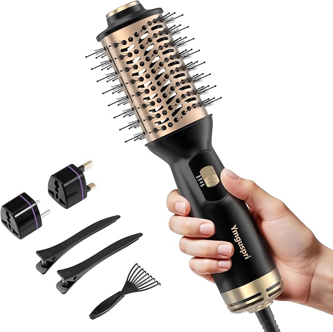 4 in 1 Travel Dual Voltage Hair Dryer Brush, Mini Auto Blow Dryer Brush in one, 2 Inch Hot Air Brush and Styler for Home & Salon, 3 Heat Settings with EU&UK Plug (Gold)