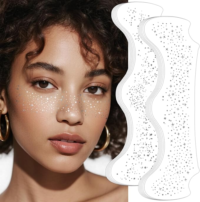 24pcs Glitter Freckles Face Tattoo - Silver Face Sparkle Freckles Temporary Tattoos for Women Girls, Waterproof & Long Lasting Freckles Makeup Patches for Party, Concerts, Daily Accessories