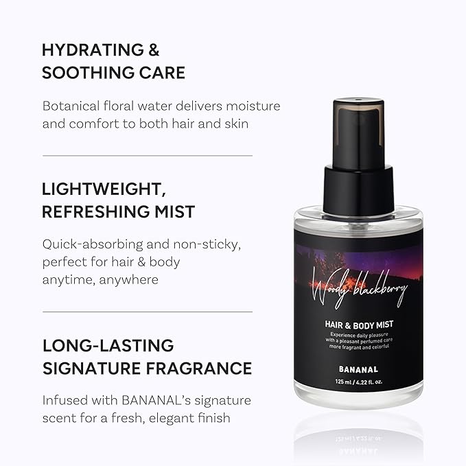 Perfumed Hair Mist for Women – Castor Oil for Shine & Long-Lasting Scent, Clean Hair Perfume & Body Mist – Botanical Waters & 17 Amino Acids, Sulfate, Paraben, Silicone-Free – Woody Darkberry, 125ml